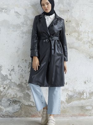 Darina Kuşaklı Deri Trenç Siyah