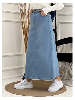 Doğal Kumaşlı Yıldız Rivetli Kot Etek Açık Mavi