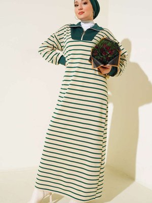 Yaka Fermuarlı Çizgili Elbise Zümrüt Yeşili