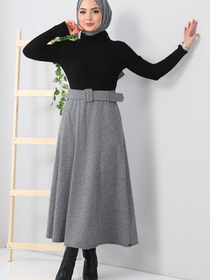 Balıksırtı Desenli Mevlana Etek Gri