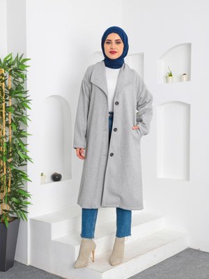 Gri Düğmeli Kaşe Kaban