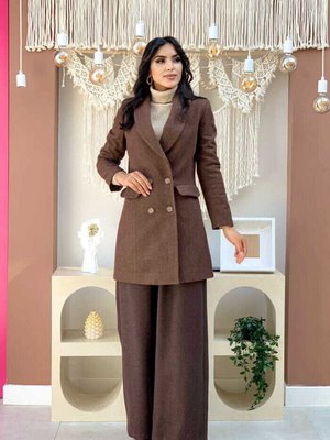 Ön Düğmeli Cep Görünümlü Astarlı Kaşe Ceket Kahverengi