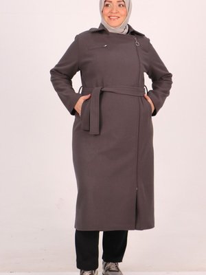 Gri Büyük Beden Yandan Femuarlı Kaşe Kaban