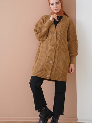 Taba Saç Örgü Desen Düğmeli Triko Hırka