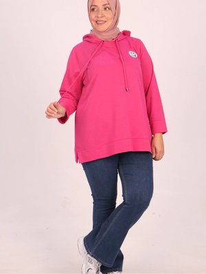 Koyu Pembe Büyük Beden Baskılı İki İplik Kısa Sweat