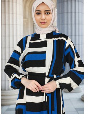 Desenli Kuşaklı Elbise Saks