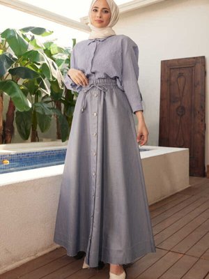 Nesta Denim Düğmeli Mevlana Etek Mavi