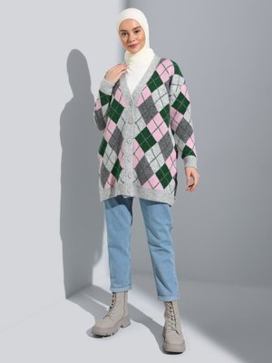 Ekose Desenli Cep Detaylı Triko Hırka Antrasit