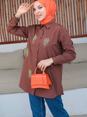 Kahverengi Önü Balon Taşlı Terikoton Gömlek