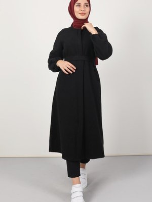 Düğmeli Kuşaklı Kaşe Kaban Siyah