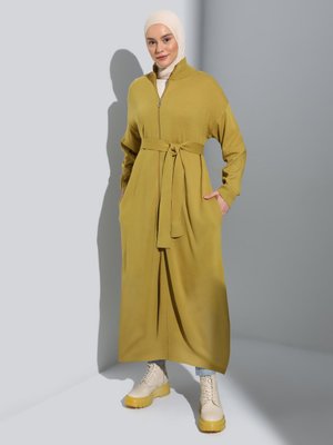 Yağ Yeşili Kuşak Detaylı Boydan Fermuarlı Triko Hırka