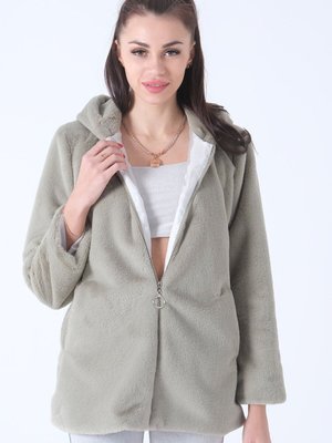 Mint Fermuarlı Oversize Kapüşonlu Çift Cepli Peluş Mont