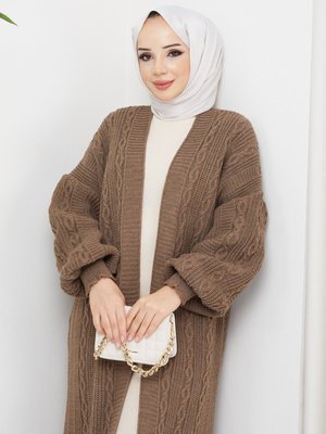 Tam Boy Balon Kol Triko Hırka Kahverengi