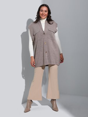 Vizon Şal Yaka Cep Detaylı Büyük Beden Triko Yelek