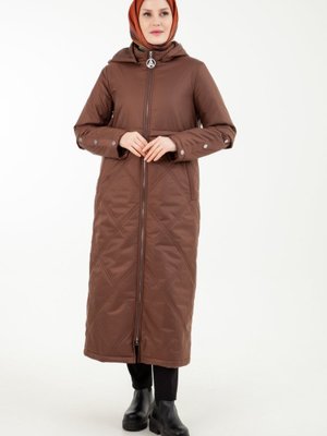 Armine Trend Seyyar Kapişonlu Fermuarlı Yandan Cepli Kapitone Mont Badem