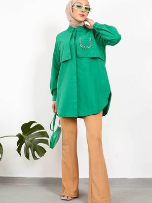 Yeşil Cep Taş Işlemeli Yırtmaçlı Gömlek