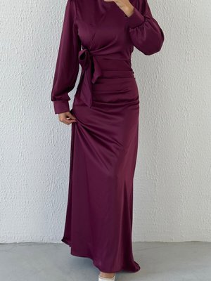Büzgü Ve Düğüm Detaylı Saten Abiye Elbise Mürdüm Büzgü Ve Düğüm Detaylı Saten Abiye Elbise Mürdüm