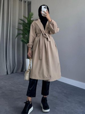 Balon Kol Belden Bağlamalı Trençkot Bej Balon Kol Belden Bağlamalı Trençkot Bej