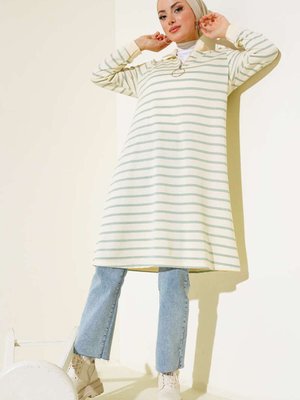 Yaka Fermuarlı Çizgili Tunik Mint Yeşili