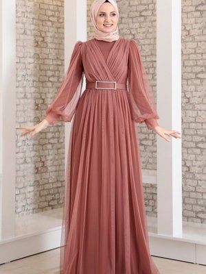 Pembe Kemeri Taşlı Tül Detay Abiye Elbise