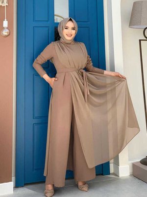 Şifon Pelerin Detay Bel Kuşaklı Tulum Vizon