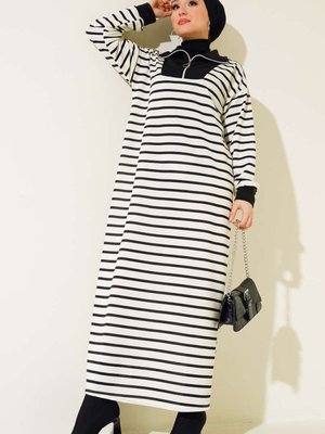 Yaka Fermuarlı Çizgili Elbise Siyah