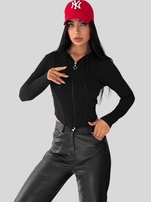 Siyah Fermuarlı Kapüşonlu Kaşkorse Crop Sweat