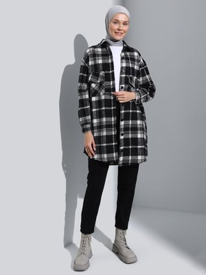 Ekose Desenli Oversize Oduncu Gömlek Siyah Beyaz