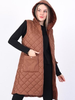 Geniş Baklava Desen Kapitone Orta Boy Kapüşonlu Şişme Yelek