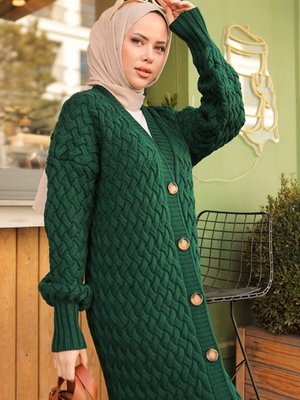 Örgülü Triko Hırka Zümrüt Yeşili Örgülü Triko Hırka Zümrüt Yeşili