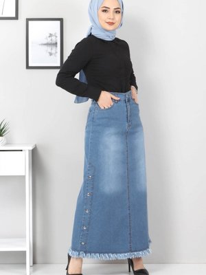 Yanları Çakımlı Kot Etek Açık Mavi