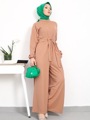 Fulya Kolları Lastikli Kemerli Tulum Vizon