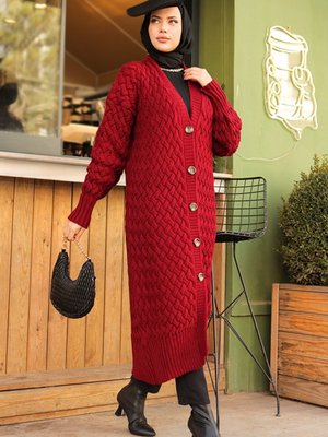 Örgülü Triko Hırka Bordo Örgülü Triko Hırka Bordo