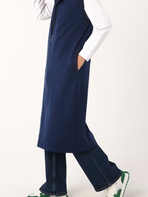 Koyu İndigo Omuz Şeritli Fermuarlı Yelek