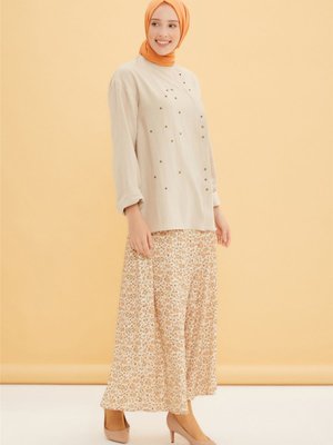 Çizgi Garnili Kloş Etek Bej