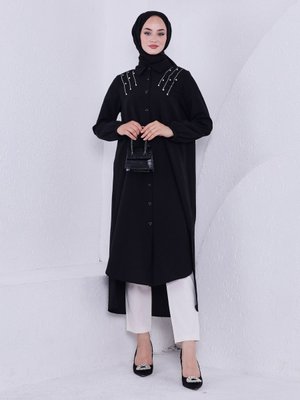 Siyah Terekoton Uzun Taş Detaylı Tunik