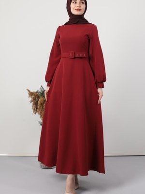 Kemerli Kloş Tesettür Elbise Bordo Kemerli Kloş Tesettür Elbise Bordo