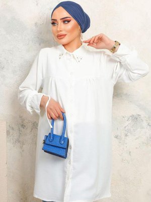 Yakası Taşlı Tunik Ekru