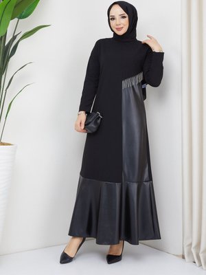 Deri Detaylı Scuba Nl Tesettür Kadın Elbise