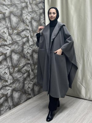 Kadın Kaşe Uzun Panço Koyu Gri