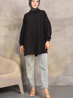 Siyah Kol Bağlamalı Kendinden Desenli Gömlek