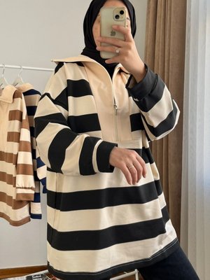Oversize Çizgili Sweat Siyah