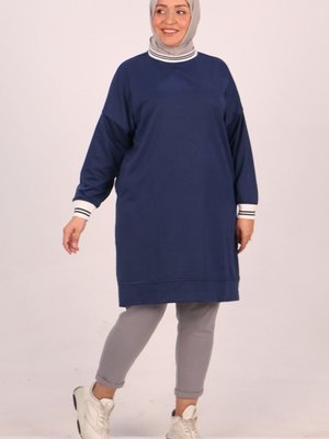 Lacivert Büyük Beden İki İplik Ribanalı Kısa Sweat