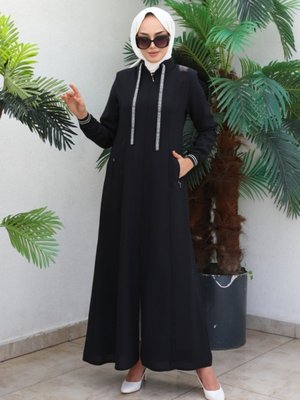 Ülkü Çift Cepli Gizli Pat Fermuarlı Ferace Siyah