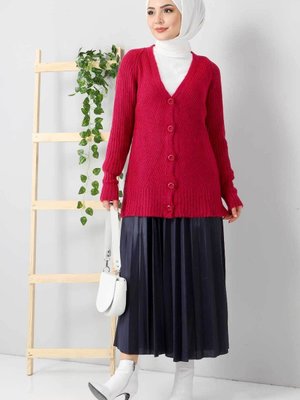 Düğmeli Triko Hırka Fuşya