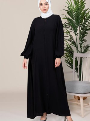 Samyeli Kol Manşeti Boncuklu Plili Kloş Siyah Ferace