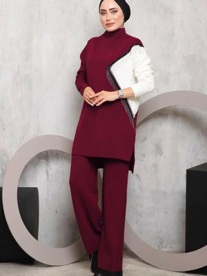 Bordo Püskül Detaylı Pantolonlu Triko Takım