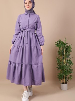 Standart Yaka Düğmeli Elbise Lila Standart Yaka Düğmeli Elbise Lila