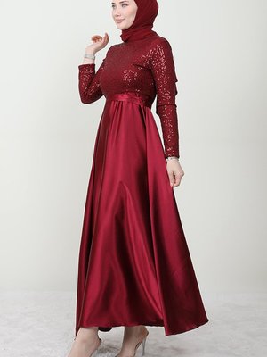 Pul Payet Saten Kloş Elbise Bordo Pul Payet Saten Kloş Elbise Bordo