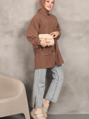 Kahverengi Kol Bağlamalı Kendinden Desenli Gömlek